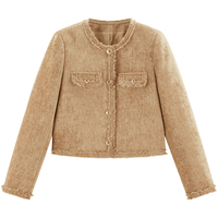 太平鸟丝绒肌理小香风外套女2025春装短款毛边小个子品质夹克 棕色 L 165