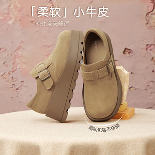 百思图2025冬季商场厚底增高驼色勃肯鞋休闲女单鞋F3109DM5 驼色 37
