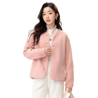 冰洁 BENGEN外套女春秋仿羊羔绒圆领开衫摇粒绒上衣 粉色 M M(100-120斤)