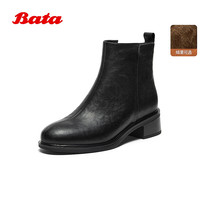 Bata时装靴女2025冬季商场粗跟百搭羊皮通勤短筒靴76180DD5 黑色-薄绒 40