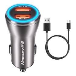 纽曼 车载充电器Max120W适用VIVO/OPPO超级快充闪充汽车转换器铝合金双usbA快充头一拖二点烟器 配A-C线