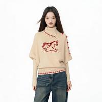 鹿阿姨卓叔叔 【复古菱格边】春秋高领提花针织毛衣宽松蝙蝠袖套头上衣