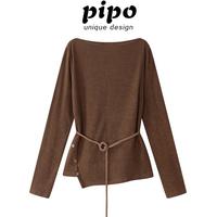PIPO 【含腰带】秋冬长袖打底衫女内搭高级感不规则气质绑带t恤上衣女