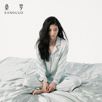 水润玻尿酸』桑罗重磅真丝23姆米真丝睡衣套装100%桑蚕丝家居服 粉蓝色【23姆米重磅真丝】 S