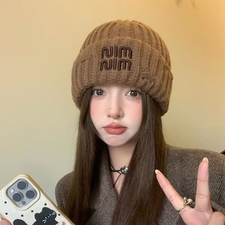 勋阳宇乐韩系刺绣字母毛线帽子女2024秋冬防寒保暖护耳帽大头围包头帽 黑色【保暖舒适】