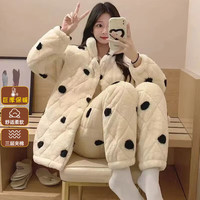TSGS珊瑚绒睡衣女冬季加厚三层夹棉套装大码加绒保暖棉袄少女家居服 奶茶点点 2XL (适合120-140斤)