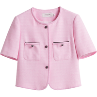 红袖奥莱夏季女装香风织带边短袖单排扣圆领外套 芭蕾粉140 L