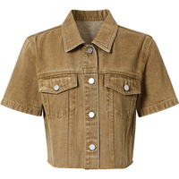 红袖奥莱夏季女装箱型水洗单排扣短袖牛仔外套 牛奶咖035 M