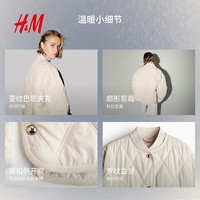 H&M女装菱格纹棉服2025冬新款巴恩风户外立领绗缝夹克外套1282391 浅米色