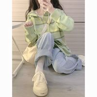 零柒零捌条纹撞色开衫女2025春秋宽松韩版宽松连帽针织毛衣外套