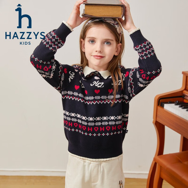 哈吉斯 品牌童装女童线衣秋舒适微弹花边翻领甜美少女套头线衣 藏蓝 120