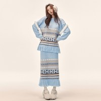 EPTISON针织套装女2025冬季费尔岛毛衣半身裙时尚条纹两件套 天空蓝
