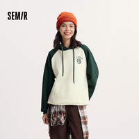 森马(Semir)卫衣女秋冬季中长款宽松立领抓绒上衣刺绣撞色连帽舒适内搭学院风 【C款】白绿色调00314 L 165/88A