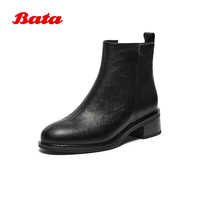 Bata时装靴女2025冬季商场粗跟百搭羊皮通勤短筒靴76180DD5 黑色-绒里 39