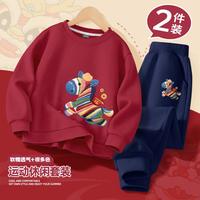 棉致 【马年喜庆红色卫衣+运动裤两件套】儿童春装套装仿刺绣印花衣服