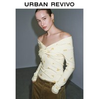 UR2026春季女装休闲一字领碎花扭结短款长袖T恤UWH460010+ 米黄印花 M