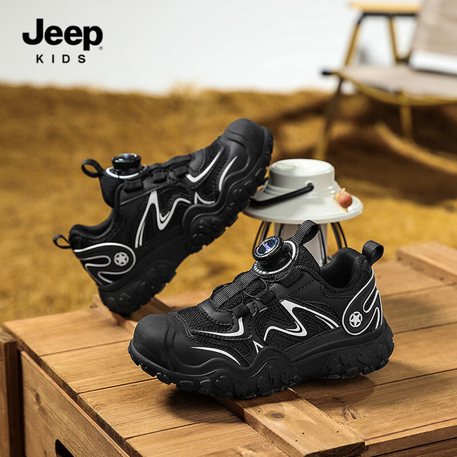 吉普 秋季网面透气舒适软底儿童运动鞋 黑/白 37