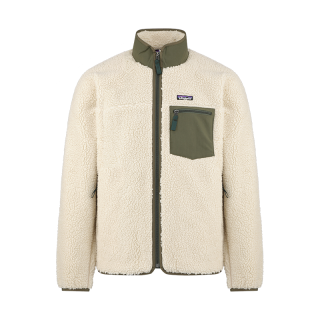 Patagonia 男款 复古抓绒立领拉链外套夹克 米色拼军绿 L