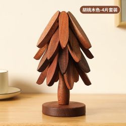 诞树一棵树隔热垫实质创意餐桌小树形防烫杯垫锅垫碗垫 胡桃色 四片+底座