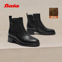 Bata时装靴女2025冬季商场粗跟百搭羊皮通勤短筒靴76180DD5 黑色-薄绒 34