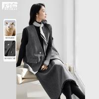 对白 冬装含绵羊毛老钱风女式马甲套装亮片毛边半身裙两件套