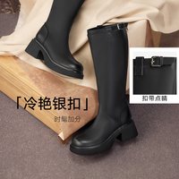 百思图2025冬季骑士靴时尚简约街头潮流粗跟女长靴F5607DG5