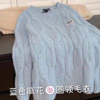 RESSCOTTI蓝色圆领针织套头毛衣女冬季浣熊绒加厚中长款