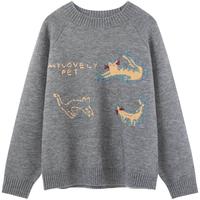 La·go·go LAGOGO三喵手作萌趣刺绣针织衫女拉谷谷2025冬季圆领灰色毛衣