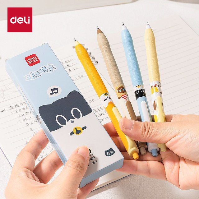 得力 三顾喵庐主题按动式中性笔0.5mm顺滑不断墨刷题签字办公考试直液式圆珠笔学生用黑色水笔大容量