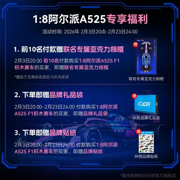 新品发售：CaDA C64012 阿尔派 ALpine F1车队 A525 1:8 积木车模