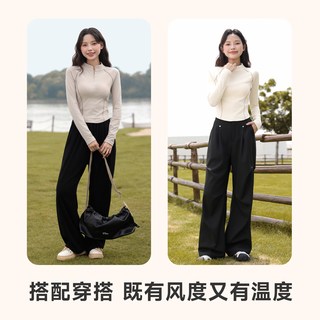 班尼路半高领薄绒打底衫女2025秋冬款拉链加绒保暖收腰运动上衣Q 深麻灰-罗纹打底衫 L