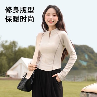 班尼路半高领薄绒打底衫女2025秋冬款拉链加绒保暖收腰运动上衣Q 深麻灰-罗纹打底衫 L