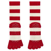 五指瑜伽袜子防滑专业女普拉提训练室内运动红色条纹长筒分趾