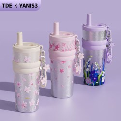 TDE 联名吸管纯钛钛杯保温杯女士户外带绳水杯节日礼物铃兰花