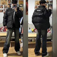 卡图弛美式立领羽绒棉服男冬季宽松潮流保暖外套高街痞帅休闲棉袄子衣服 黑色