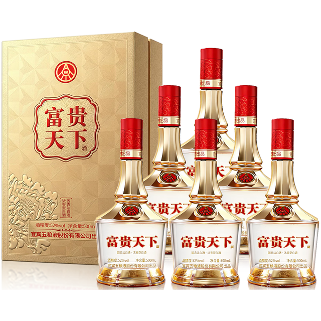 五粮液 五粮浓香五粮液股份出品 白酒 纯粮酒 礼盒装 送礼自饮酒 52度 500mL 6瓶 富贵天下 金禧