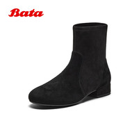Bata时装靴女2025冬季羊皮弹力复古通勤粗跟短筒靴65131DD5 黑色 35