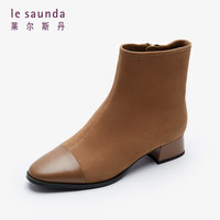 le saunda 秋冬新款商场同款时尚拼接圆头粗跟女鞋女靴3T34904 浅啡色 LBS