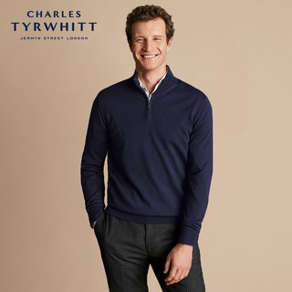 CHARLES TYRWHITT海军蓝美利奴羊毛拉链领男士保暖毛衣休闲针织衫 M