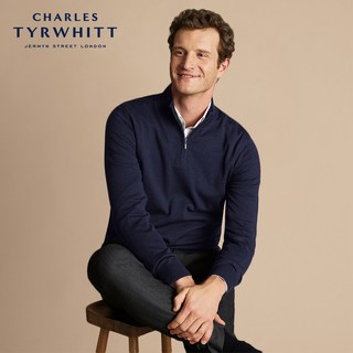 CHARLES TYRWHITT海军蓝美利奴羊毛拉链领男士保暖毛衣休闲针织衫 M