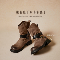天美意女靴加绒y2k女西部靴子舒适时尚女鞋 卡其色 37