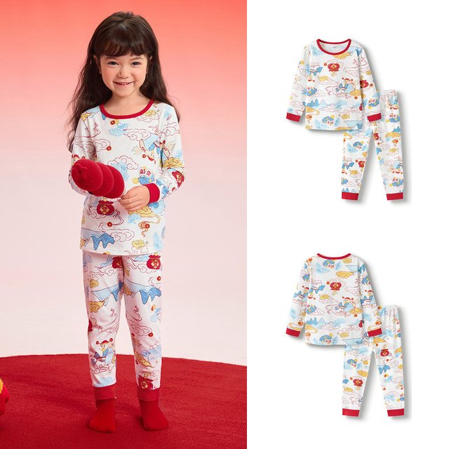 移动端：巴拉巴拉 宝宝秋衣秋裤龙年儿童保暖内衣套装男童女童睡衣发热红色