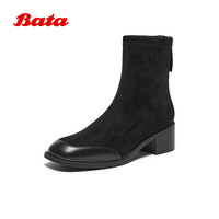 Bata时装靴女2025冬商场弹力复古通勤粗跟软底短筒靴ATO43DD5 黑色-宽版 38
