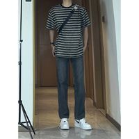 韩版简约水洗磨白做旧百搭微喇牛仔裤版型好穿不挑腿型男女同款