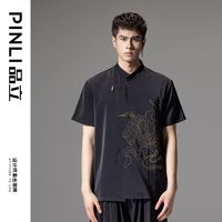 PINLI品立新中式刺绣立领衬衫夏季男士国潮斜襟短袖休闲衬衣