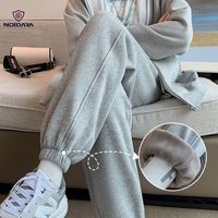 NO1 DARA灰色加绒束脚秋冬季运动裤加厚宽松卫裤束脚休闲裤