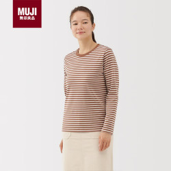 無印良品 MUJI 天竺织长袖T恤 深咖啡色条纹 M