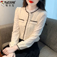 啄木鸟洋气减龄长袖上衣服女装2025年秋季冬季新款加绒打底蕾丝小衫内搭 杏色
