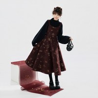 织造司马年红色新年战袍暗纹织金吊带连衣裙女毛衣套装