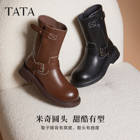 他她（TATA）明星同款英伦机车靴女西部短靴黑色靴子时装靴 棕色 3